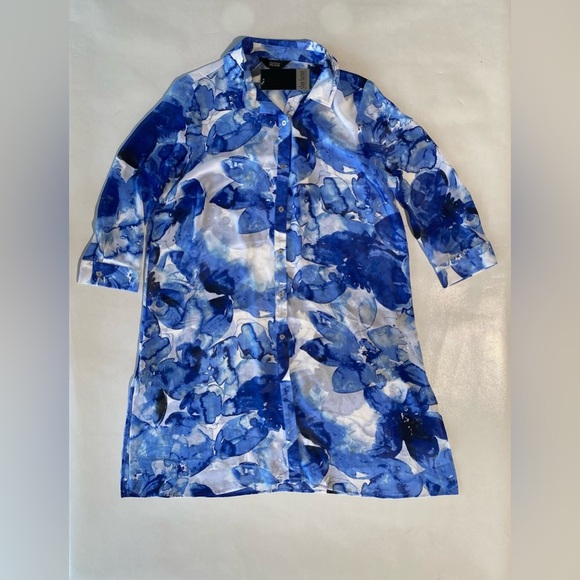 NEW Size M Slim Factor Investments 3/4 Sleeve Button Front Long Top Blue $79 - Picture 2 of 11